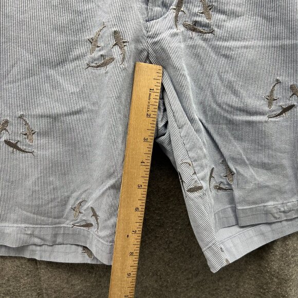 J McLaughlin Shorts Men 33 Blue Chino Flat Front Pinstripes Embroidered Dolphins - Picture 7 of 10